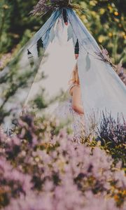 Preview wallpaper tent, child, flowers, lavender, nature