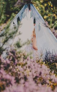 Preview wallpaper tent, child, flowers, lavender, nature
