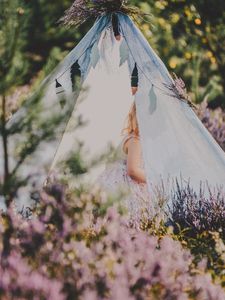 Preview wallpaper tent, child, flowers, lavender, nature