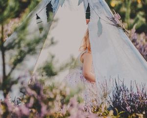 Preview wallpaper tent, child, flowers, lavender, nature