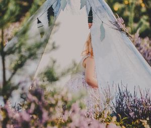 Preview wallpaper tent, child, flowers, lavender, nature