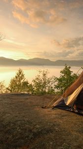 Preview wallpaper tent, coast, lake, decline, romanticism, sky