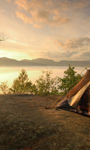 Preview wallpaper tent, coast, lake, decline, romanticism, sky