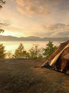 Preview wallpaper tent, coast, lake, decline, romanticism, sky