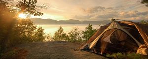 Preview wallpaper tent, coast, lake, decline, romanticism, sky