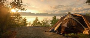 Preview wallpaper tent, coast, lake, decline, romanticism, sky