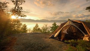 Preview wallpaper tent, coast, lake, decline, romanticism, sky