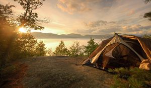 Preview wallpaper tent, coast, lake, decline, romanticism, sky