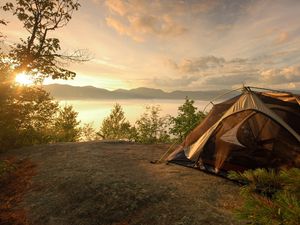 Preview wallpaper tent, coast, lake, decline, romanticism, sky