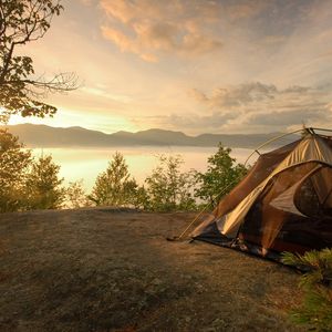 Preview wallpaper tent, coast, lake, decline, romanticism, sky