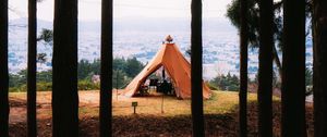 Preview wallpaper tent, forest, camping, meadow