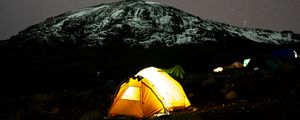 Preview wallpaper tent, glow, mountain, starry sky, dark