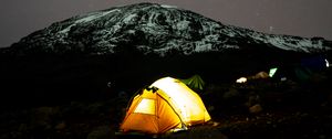 Preview wallpaper tent, glow, mountain, starry sky, dark