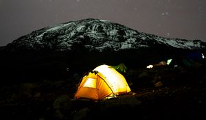 Preview wallpaper tent, glow, mountain, starry sky, dark