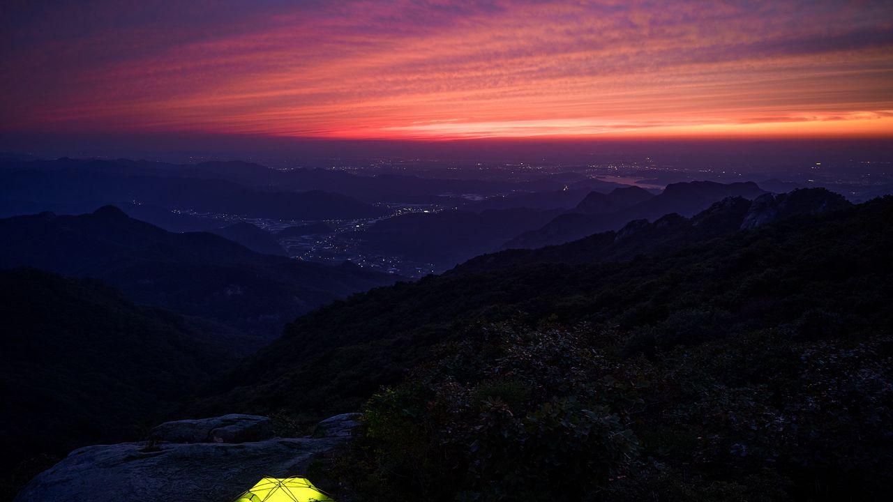 Wallpaper tent, hike, mountains, twilight, dark