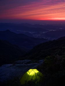 Preview wallpaper tent, hike, mountains, twilight, dark