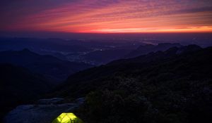 Preview wallpaper tent, hike, mountains, twilight, dark