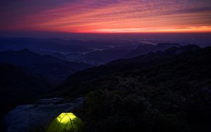 Preview wallpaper tent, hike, mountains, twilight, dark