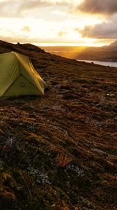 Preview wallpaper tent, hill, river, clouds, nature