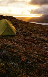 Preview wallpaper tent, hill, river, clouds, nature