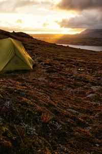 Preview wallpaper tent, hill, river, clouds, nature