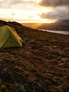 Preview wallpaper tent, hill, river, clouds, nature