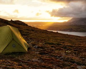 Preview wallpaper tent, hill, river, clouds, nature