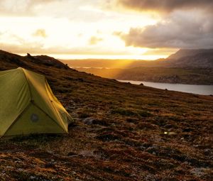 Preview wallpaper tent, hill, river, clouds, nature