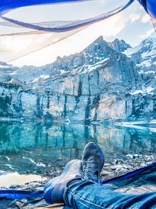 Preview wallpaper tent, legs, camping, tourism, mountains, lake