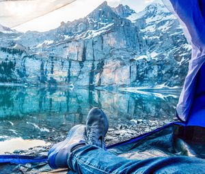 Preview wallpaper tent, legs, camping, tourism, mountains, lake