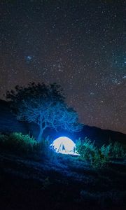 Preview wallpaper tent, light, trees, stars, night, dark