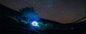Preview wallpaper tent, light, trees, stars, night, dark