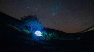 Preview wallpaper tent, light, trees, stars, night, dark