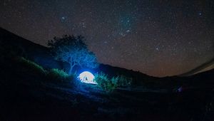 Preview wallpaper tent, light, trees, stars, night, dark