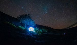 Preview wallpaper tent, light, trees, stars, night, dark