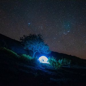 Preview wallpaper tent, light, trees, stars, night, dark