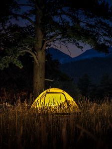 Preview wallpaper tent, light, trees, grass