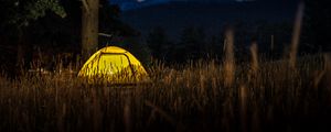 Preview wallpaper tent, light, trees, grass