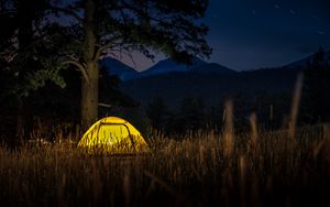 Preview wallpaper tent, light, trees, grass