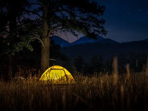 Preview wallpaper tent, light, trees, grass