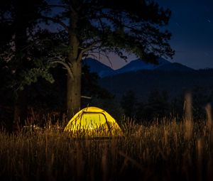 Preview wallpaper tent, light, trees, grass