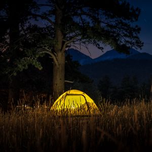 Preview wallpaper tent, light, trees, grass