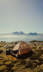 Preview wallpaper tent, mountains, fog, camping