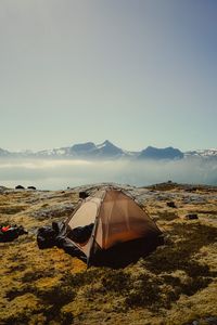 Preview wallpaper tent, mountains, fog, camping