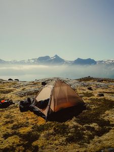 Preview wallpaper tent, mountains, fog, camping