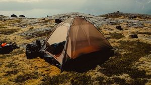 Preview wallpaper tent, mountains, fog, camping