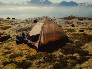 Preview wallpaper tent, mountains, fog, camping