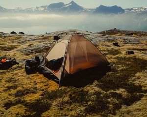 Preview wallpaper tent, mountains, fog, camping