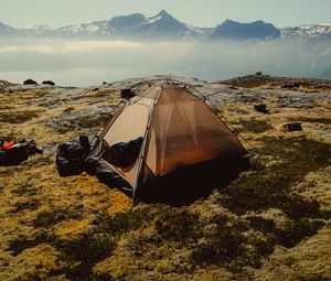 Preview wallpaper tent, mountains, fog, camping