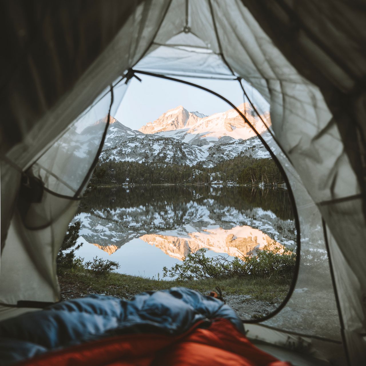 1280x1280 Wallpaper tent, mountains, lake, view, nature